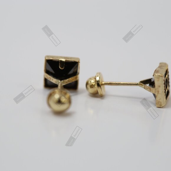 5mm Solid 14K Gold Square Stud Earrings with Black Heart Center • Elegant Design - Picture 6 of 8